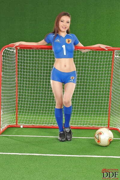 Foxy Japanese juvenile with perspired butt location in body painted soccer outfit