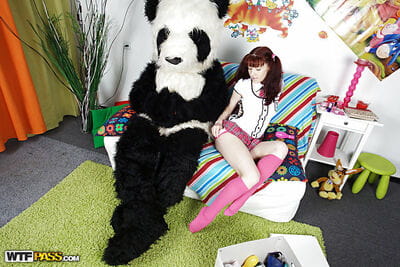 Lecherous adolescent in pink socks has some snatch hammering joy with a panda appliance