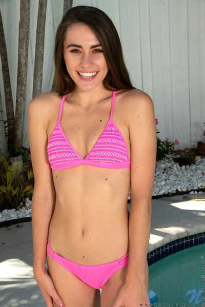 Diet juvenile Mackenzie Mace peels off her bikini to sample uncovered on pool patio