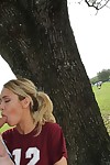 Blonde coed Mila Blaze giving dick sucking in the woods previous to stream of cum on ass