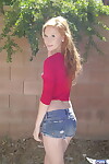 Moist redhead Alex Tanner flashes her undersize zeppelins outdoors and drops her underclothing