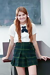 Pigtailed redhead student Miley Cole removes clothes to participate stripped on teachers desk