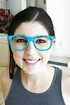 Fascinating brunette hair schoolgirl Miranda Miller giving a CFNM fellatio in glasses