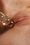 Golden-haired infant Violette drinks her own pee before toying her smooth slit