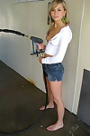 Blond youthful Kasia skates jeans over her belt overspread butt at the car wash