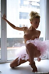 Curvy ballerina Reuty dancing topless in tutu & lounging uncovered in the window