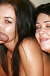 Lustful dark hair coeds give a sandwich blowjob and share a jizz flow