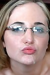 Adorable coed in glasses Anna Eden gives blowjob and accepts facialized