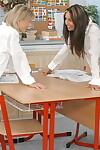 Female-on-female schoolgirls enjoyment per others cunt with a sex-toy on a desk