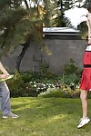 Slutty cheerleader gets tricked into blowjob with ball licking outdoor