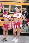 Three slutty cheerleaders showing asses upskirt and posing topless
