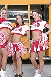 Three slutty cheerleaders showing asses upskirt and posing topless
