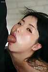 Attractive Japanese dear with undersize tits attached on her knees for oral-job