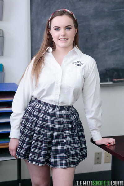 Unblemished schoolgirl River Fox shows off her goodies in classroom