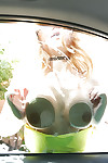 Teen blonde youthful Alina West showing off soaked waste outdoors in sunglasses