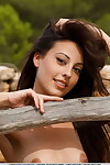 Miniature titted small darling Lorena B widening to show furry cage of love outdoors