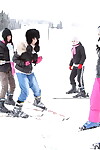 Juvenile snow bunnies have an all gal group sex right after a day of thrashing the slopes