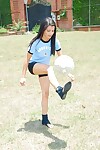 Sports babe Sarah doffs her soccer uniform to equipment her miniscule pussy afterward follow