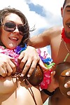 Young beauties Roxy and Lynn with mammoth titties mouth to mouth and undress bikini