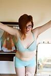 Pale redhead Panda shows her unshaven obese body with her glasses on