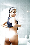 Lusty young brown hair erotic dance and jacking off her fur pie in the shower-room