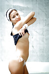 Lusty young brown hair erotic dance and jacking off her fur pie in the shower-room