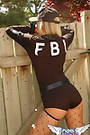 FBI floozy Alicia in fishnet nylons sheds her uniform to pose exposed outdoors