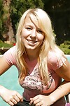 Teen girl Kessy Ros spread her slim legs outdoor at her pool