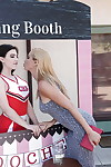 Covered MILF kisses amateur cheerleader in advance of turning lesbo for pay