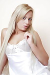 Untamed blond Lory stripped off white satin underware to ooze infant snatch closeup