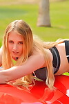 Fairy-haired sports darling flashes closeup cum-hole in public & squats bare in the grass