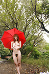 Cute eastern adolescent Mai Kitamura striptease and posing nude outdoor